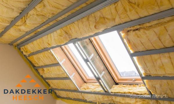 Schuin dak isoleren met glaswol bij dakraam in Heesch