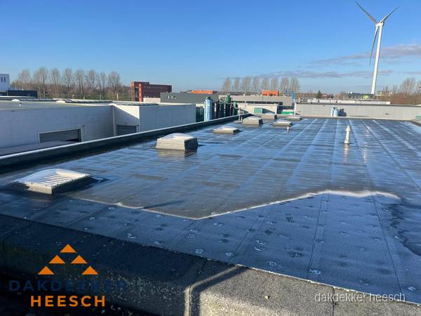Plat dak bedrijfspand met bitumen dakbedekking en lichtkoepels in Heesch Plat dak bedrijfspand met bitumen dakbedekking en lichtkoepels in Heesch
