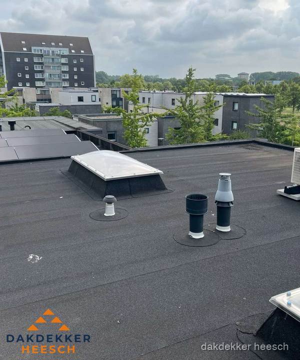 Groot plat dak met lichtkoepel en dakdoorvoeren in Heesch