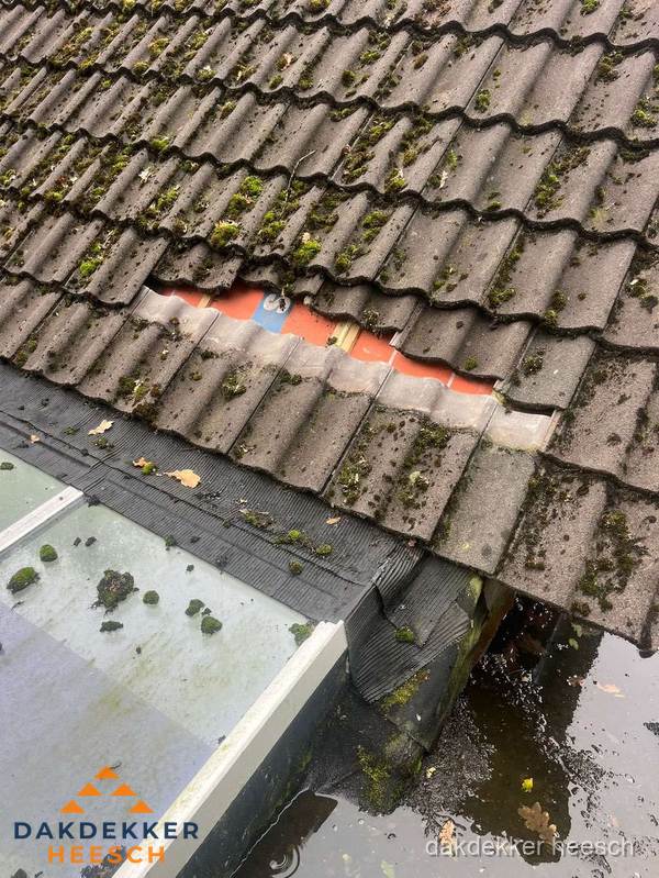 Beschadigd pannendak met ontbrekende dakpannen voor reparatie in Heesch Beschadigd pannendak met ontbrekende dakpannen voor reparatie in Heesch